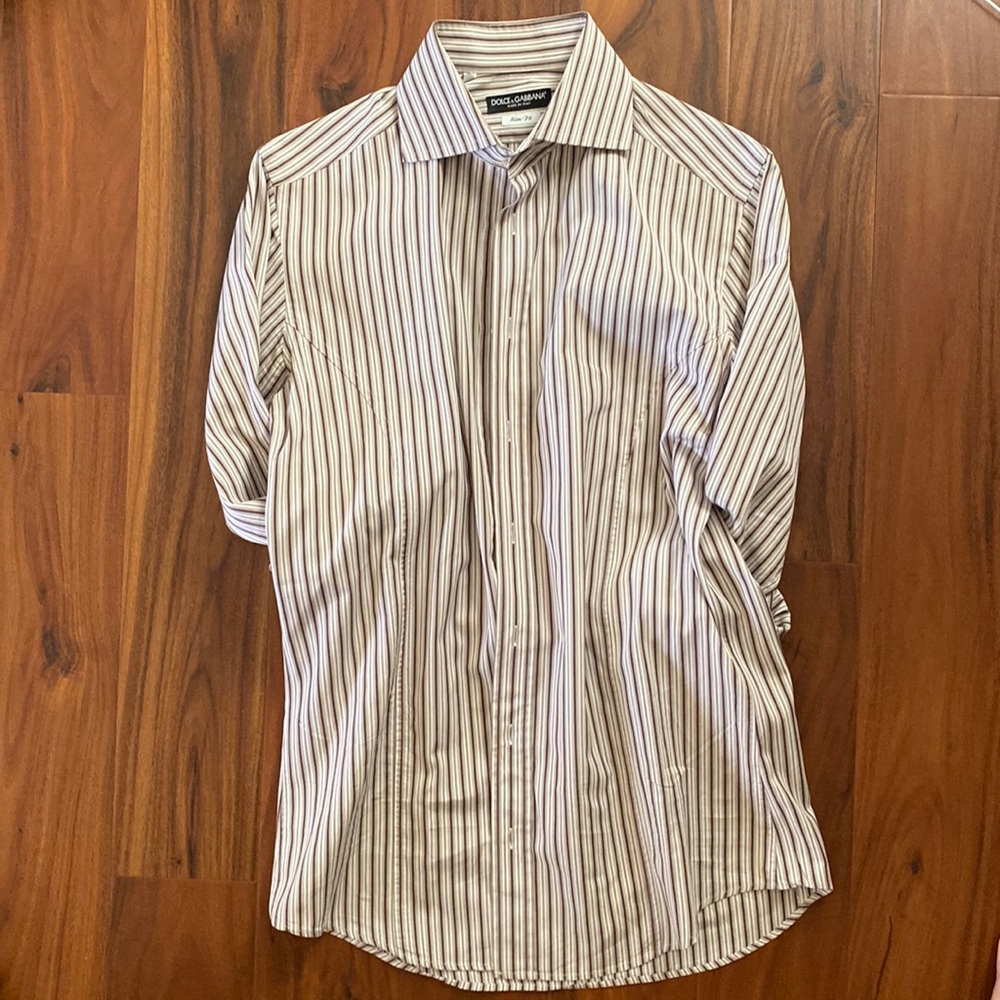 Dolce and Gabbana Long Sleeve Shirt. Slim Fit. Brown and White Stripe. Size 16.